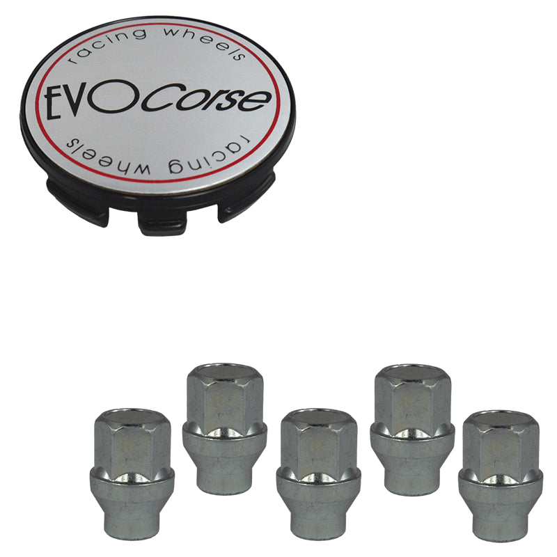 Evocorse - Fixing kit: 1 hubcap (C10), 1 Evocorse brushed badge (L10), 5 closed lug nuts with shank M12x1.50 (046)