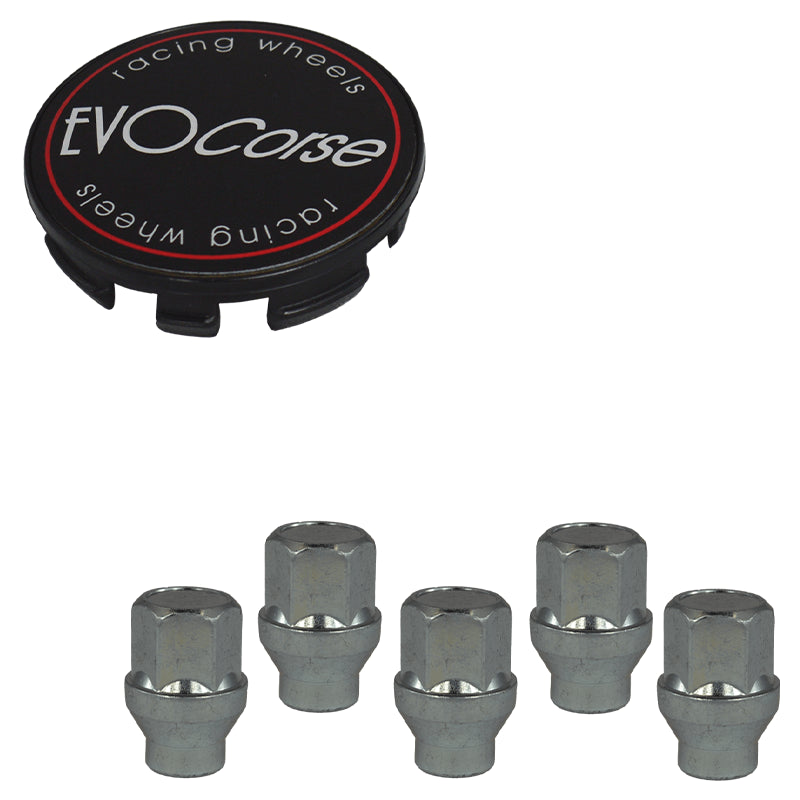 Evocorse - Fixing kit: 1 hubcap (C10), 1 Evocorse matt black badge (L11), 5 closed lug nuts with shank M12x1.50 (046)