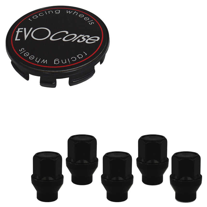 Evocorse - Fixing kit: 1 hubcap (C10), 1 Evocorse matt black badge (L11), 5 black closed lug nuts with shank M12x1.50 (046-ZN)