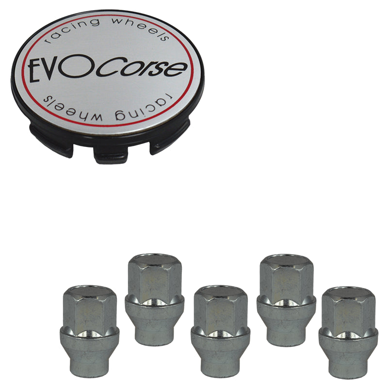 Evocorse - Fixing kit: 1 hubcap (C10), 1 Evocorse brushed badge (L10), 5 closed lug nuts with shank M12x1.25 (047)