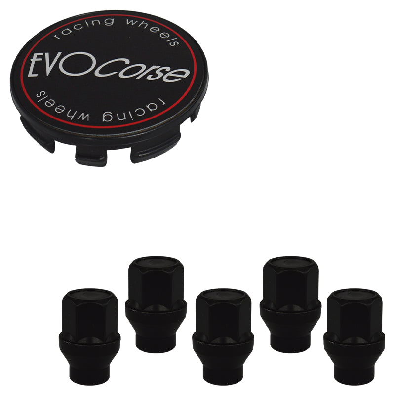 Evocorse - Fixing kit: 1 hubcap (C10), 1 Evocorse matt black badge (L11), 5 closed Black lug nuts with shank M12x1.25 (047)