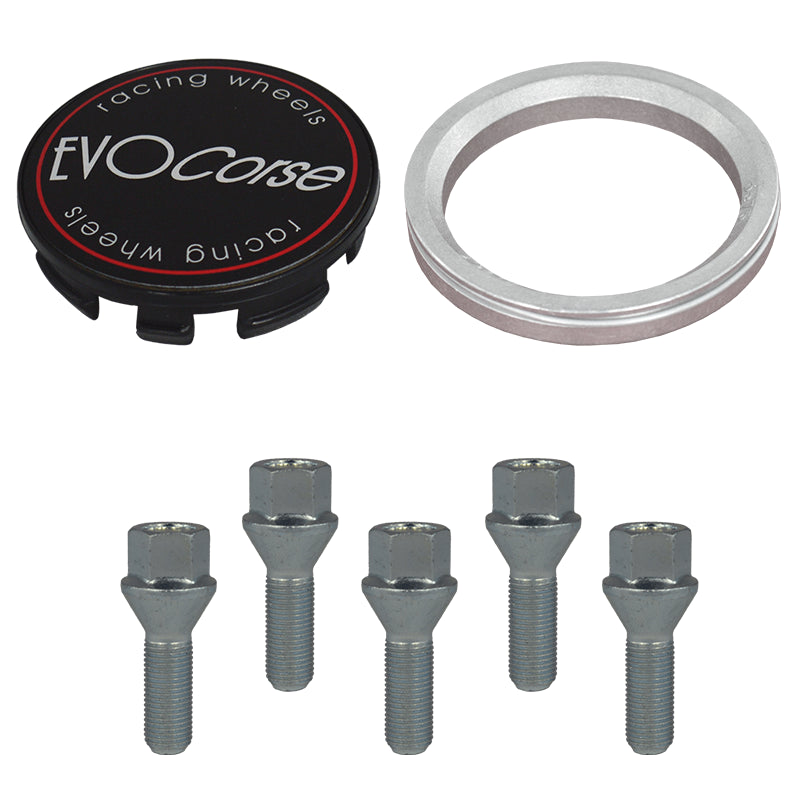Evocorse - Fixing kit: 1 hubcap (C10), 1 Evocorse matt black badge (L11), 5 lug bolts M14x1.50 (017), 1 aluminum hub centric ring 75/60.1