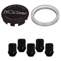 Evocorse - Fixing kit: 1 hubcap (C10), 1 Evocorse matt black badge (L11), 5 closed black lug nuts M12x1.50 (031), 1 aluminum hub centric ring 75/63.4