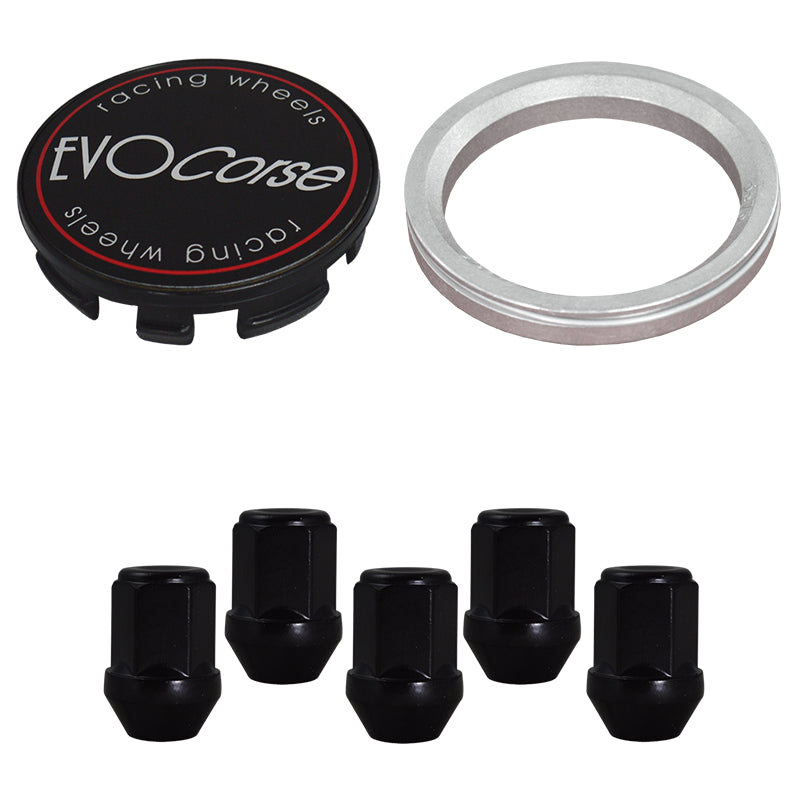 Evocorse - Fixing kit: 1 hubcap (C10), 1 Evocorse matt black badge (L11), 5 closed black lug nuts M12x1.50 (031), 1 aluminum hub centric ring 75/63.4