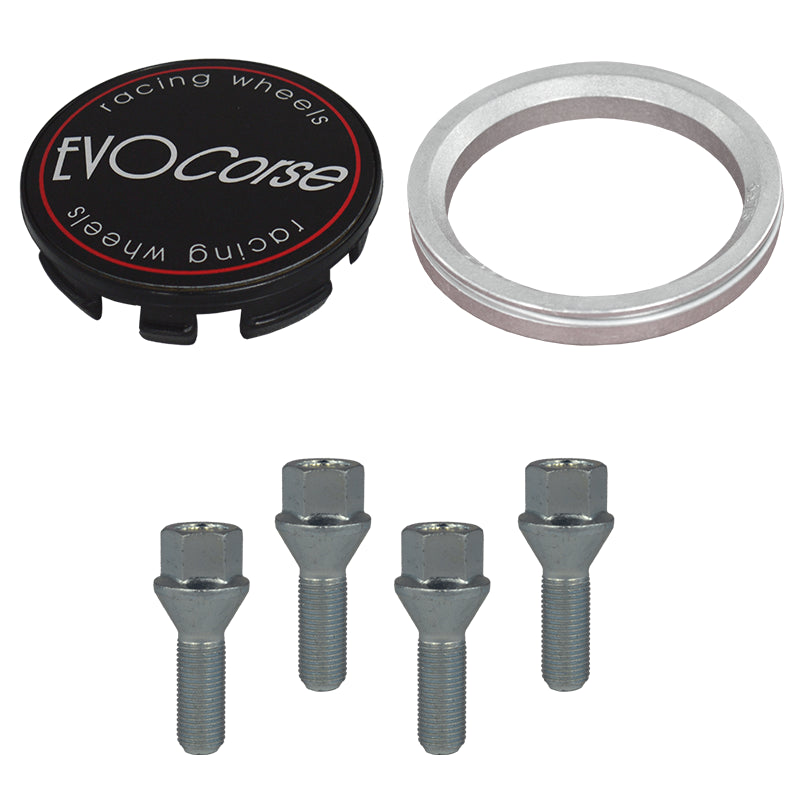 Evocorse - Fixing kit: 1 hubcap (C10), 1 Evocorse matt black badge (L11), 4 lug bolts M12x1.50 (073), 1 aluminum hub centric ring 75/56.6