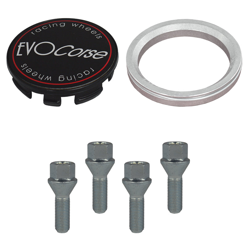 Evocorse - Fixing kit: 1 hubcap (C10), 1 Evocorse matt black badge (L11), 4 lug bolts M14x1.25 (029), 1 aluminum hub centric ring 75/56.1