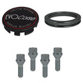 Evocorse - Fixing kit: 1 hubcap (C10), 1 Evocorse matt black badge (L11), 4 lug bolts M12x1.25 (A39LE), 1 aluminum hub centric ring 75/58.1