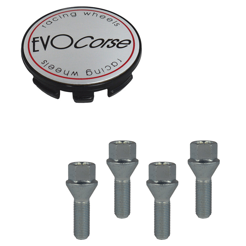 Evocorse - Fixing kit: 1 hubcap (C10), 1 Evocorse brushed badge (L10), 4 lug bolts M12x1.25 (027)