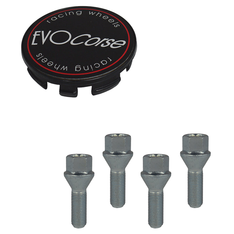 Evocorse - Fixing kit: 1 hubcap (C10), 1 Evocorse matt black badge (L11), 4 lug bolts M12x1.25 (027)