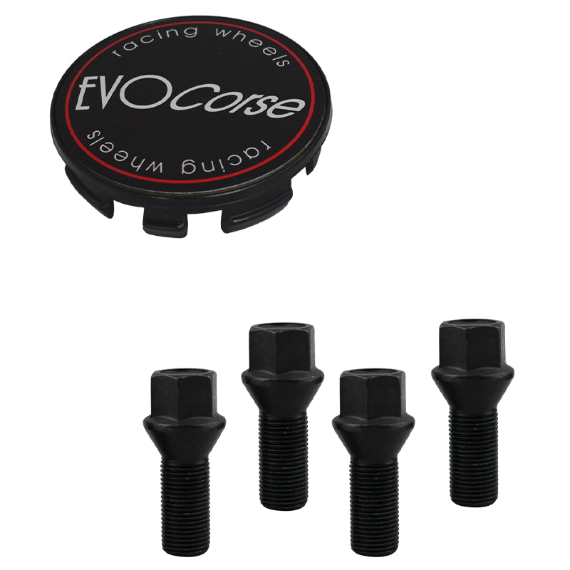 Evocorse - Fixing kit: 1 hubcap (C10), 1 Evocorse matt black badge (L11), 4 black lug bolts M12x1.25 (027-ZN)