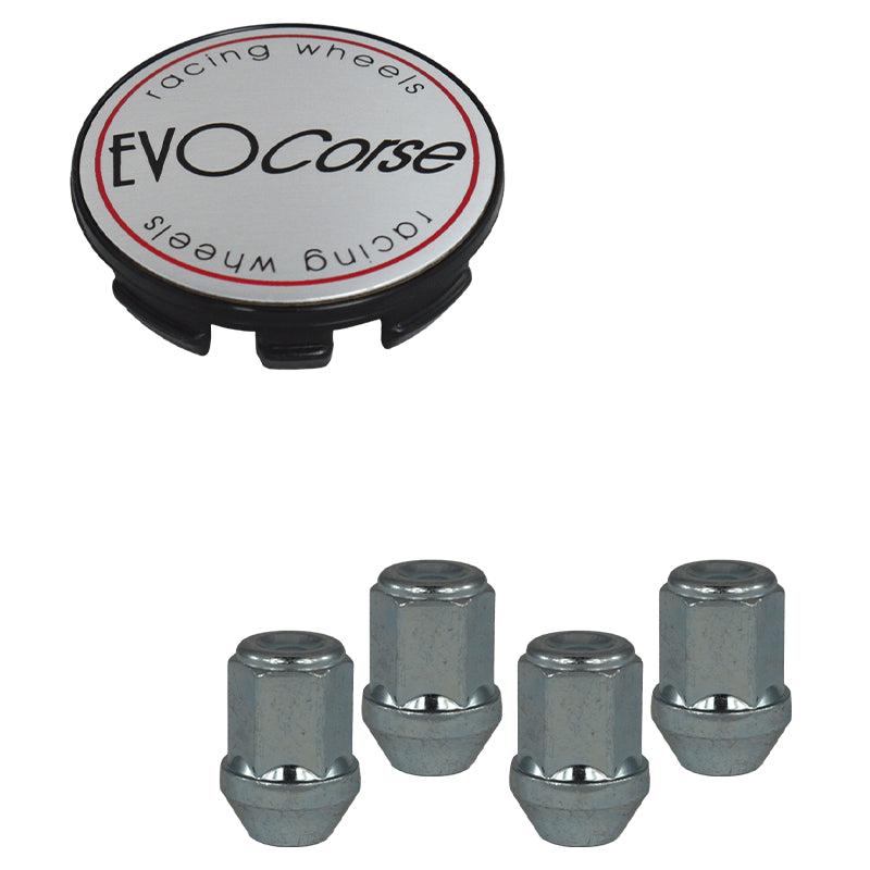 Evocorse - Fixing kit: 1 hubcap (C10), 1 Evocorse brushed badge (L10), 4 closed lug nuts M12x1.50 (031)