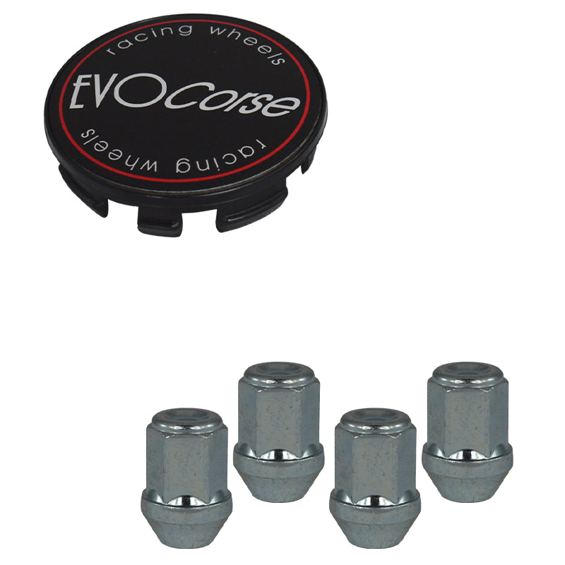 Evocorse - Fixing kit: 1 hubcap (C10), 1 Evocorse matt black badge (L11), 4 closed lug nuts M12x1.50 (031)