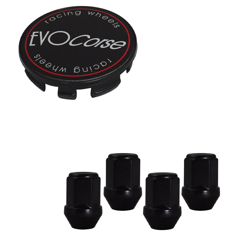 Evocorse - Fixing kit: 1 hubcap (C10), 1 Evocorse matt black badge (L11), 4 black closed lug nuts M12x1.50 (031)