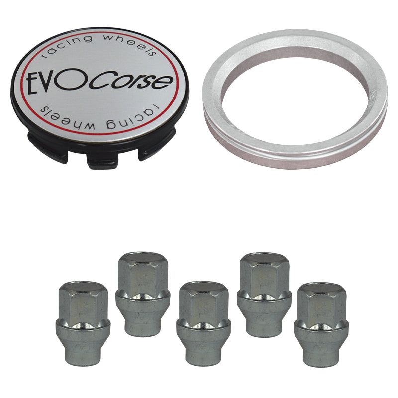 Evocorse - Fixing kit: 1 hubcap (C10), 1 Evocorse brushed badge (L10), 5 closed lug nuts with shank M12x1.25 (047), 1 aluminum hub centric ring 75/56.1