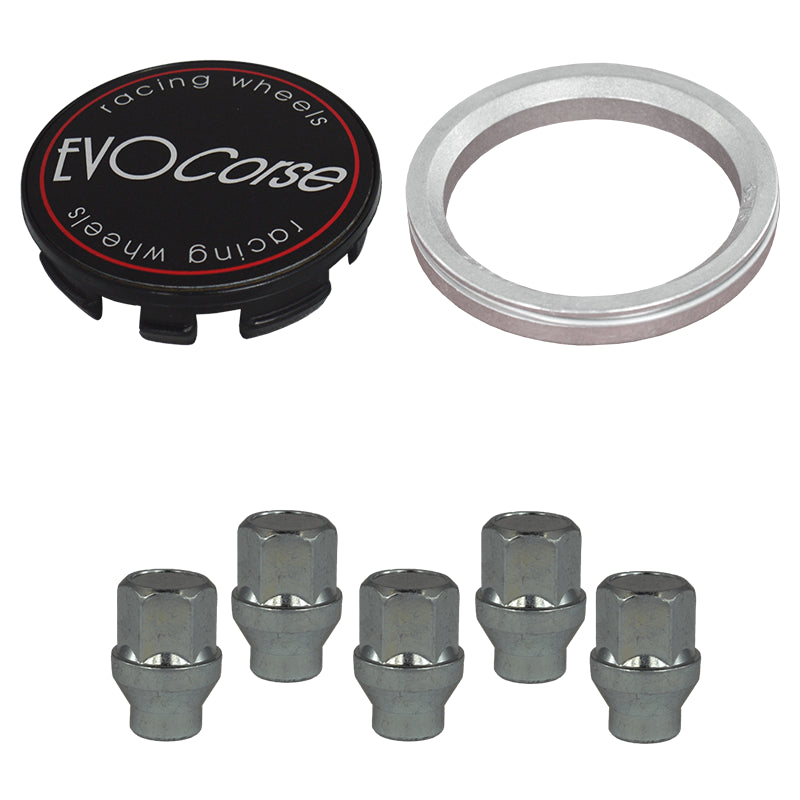 Evocorse - Fixing kit: 1 hubcap (C10), 1 Evocorse matt black badge (L11), 5 closed lug nuts with shank M12x1.25 (047), 1 aluminum hub centric ring 75/56.1