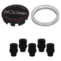 Evocorse - Fixing kit: 1 hubcap (C10), 1 Evocorse matt black badge (L11), 5 black closed lug nuts with shank M12x1.25 (047), 1 aluminum hub centric ring 75/56.1