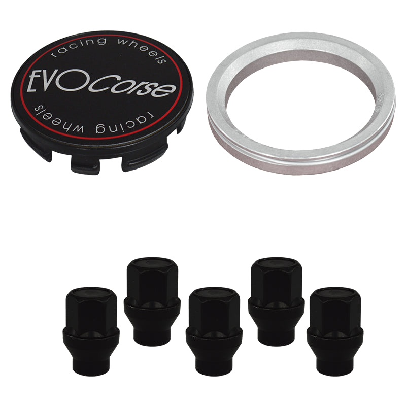 Evocorse - Fixing kit: 1 hubcap (C10), 1 Evocorse matt black badge (L11), 5 black closed lug nuts with shank M12x1.25 (047), 1 aluminum hub centric ring 75/56.1