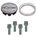 Evocorse - Fixing kit: 1 hubcap (C10), 1 Evocorse brushed badge (L10), 4 lug bolts M12x1.50 (028), 1 aluminum hub centric ring 75/60.1