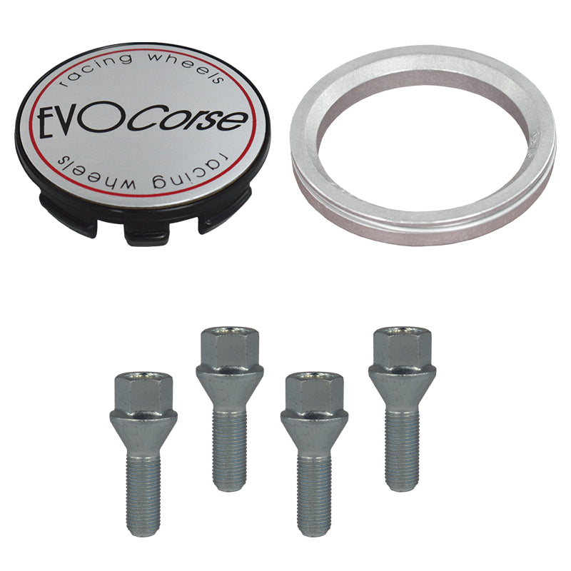 Evocorse - Fixing kit: 1 hubcap (C10), 1 Evocorse brushed badge (L10), 4 lug bolts M12x1.50 (028), 1 aluminum hub centric ring 75/60.1
