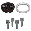 Evocorse - Fixing kit: 1 hubcap (C10), 1 Evocorse matt black badge (L11), 4 lug bolts M12x1.50 (028), 1 aluminum hub centric ring 75/60.1
