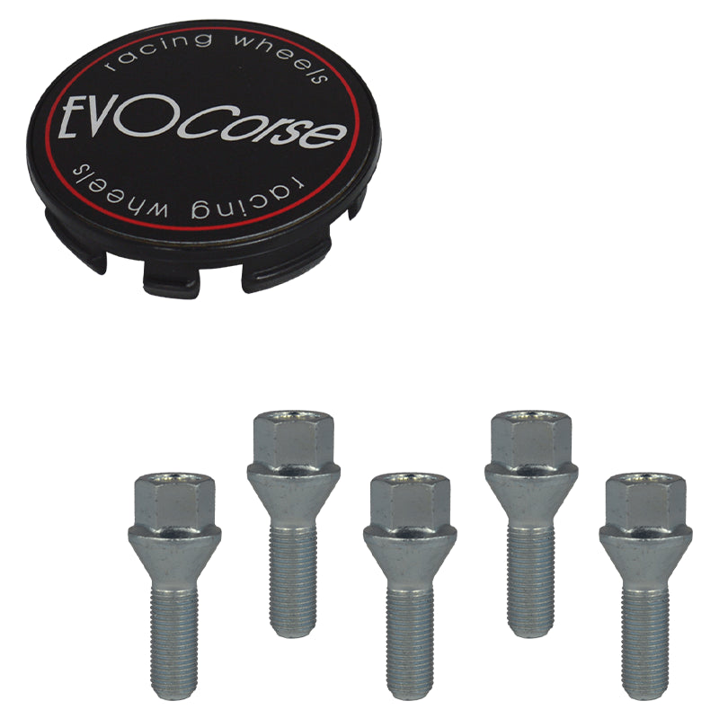 Evocorse - Fixing kit: 1 hubcap (C10), 1 Evocorse matt black badge (L11), 5 lug bolts M14x1.50 (017)