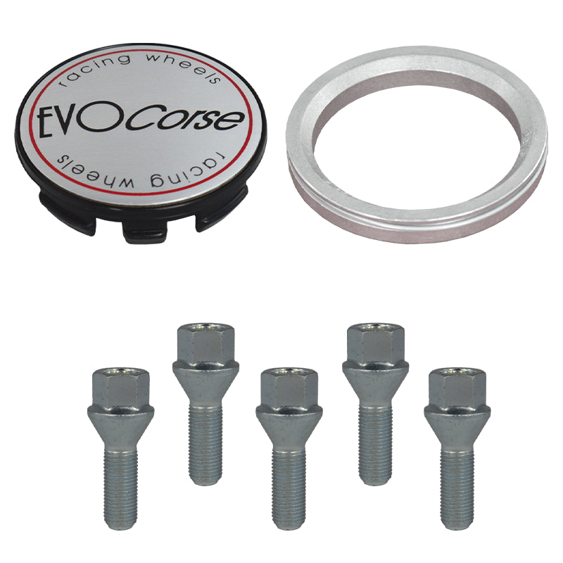 Evocorse - Fixing kit: 1 hubcap (C10), 1 Evocorse brushed badge (L10) 5 lug bolts M14x1.5 (028), 1 aluminum hub centric ring 75/57.1