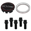 Evocorse - Fixing kit: 1 hubcap (C10), 1 Evocorse matt black badge (L11), 5 black lug bolts M14x1.5 (028-ZN), 1 aluminum hub centric ring 75/57.1