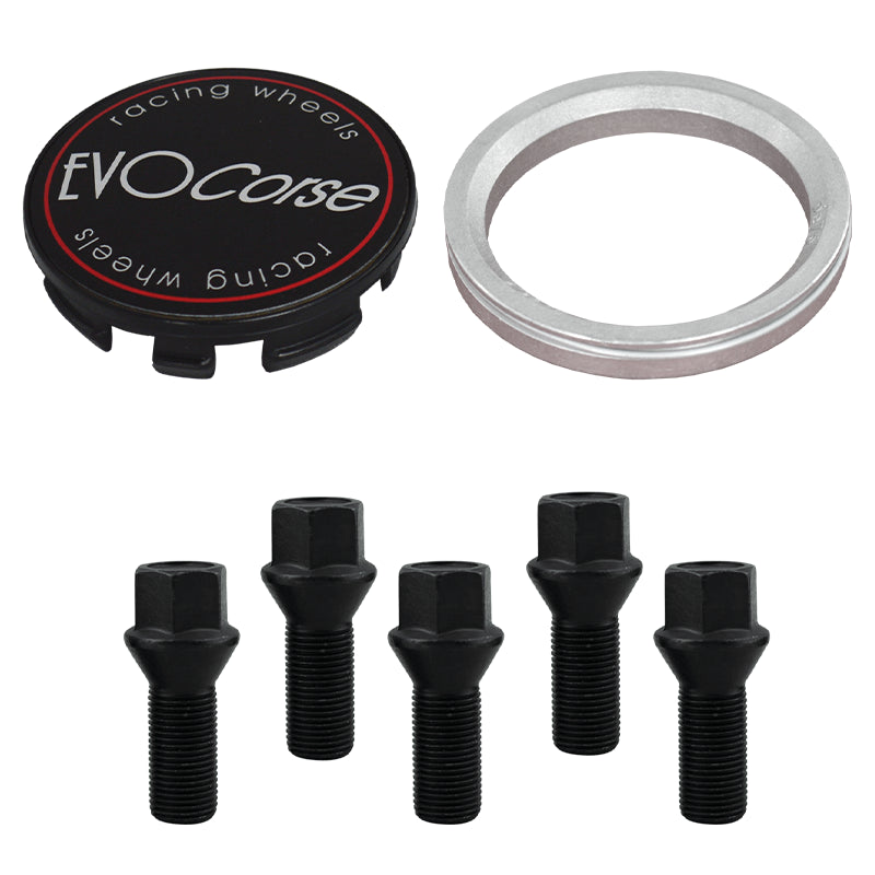Evocorse - Fixing kit: 1 hubcap (C10), 1 Evocorse matt black badge (L11), 5 black lug bolts M14x1.5 (028-ZN), 1 aluminum hub centric ring 75/57.1