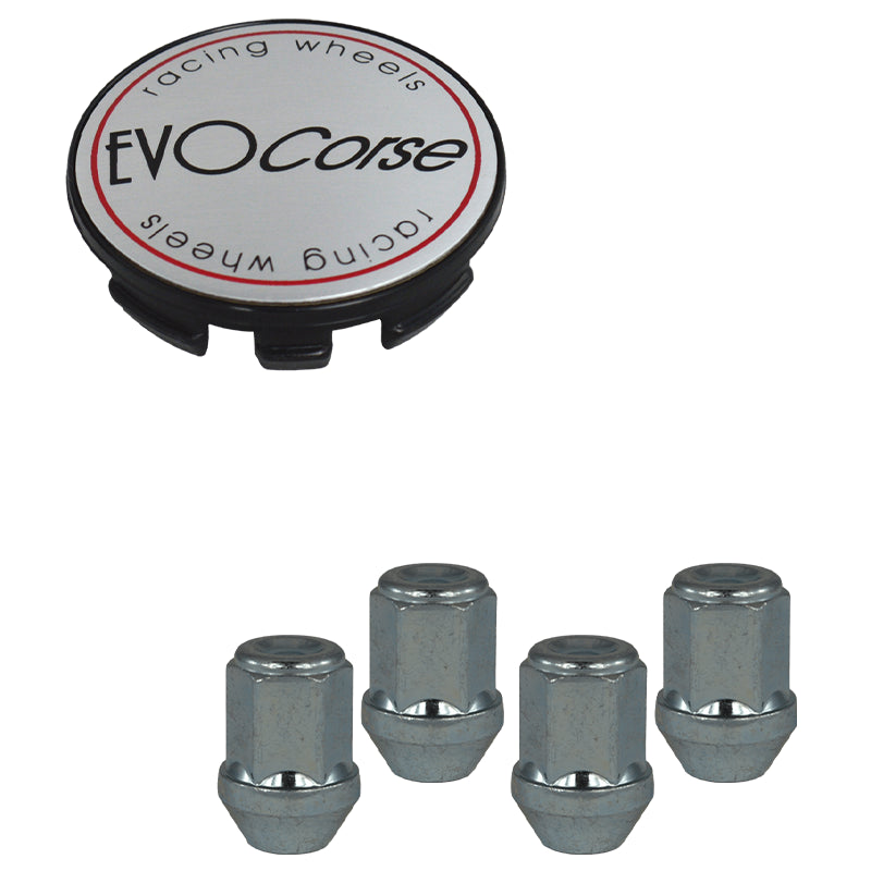 Evocorse - Fixing kit: 1 hubcap (C10), 1 Evocorse brushed badge (L10) 4 closed lug nuts with shank M12x1.50 (163)