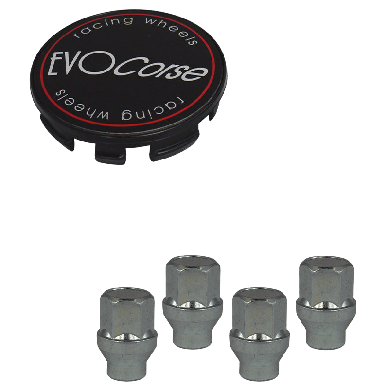 Evocorse - Fixing kit: 1 hubcap (C10), 1 Evocorse matt black badge (L11), 4 closed lug nuts with shank M12x1.50 (163)