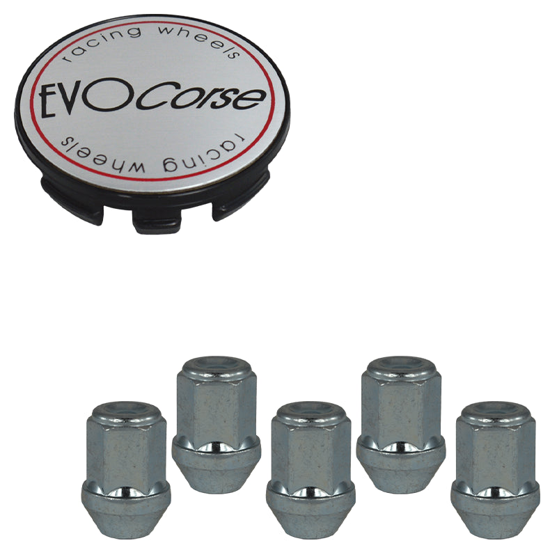 Evocorse - Fixing kit: 1 hubcap (C10), 1 Evocorse brushed badge (L10) 5 closed lug nuts M12x1.5 (031)