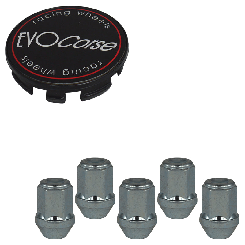 Evocorse - Fixing kit: 1 hubcap (C10), 1 Evocorse matt black badge (L11), 5 closed lug nuts M12x1.5 (031)