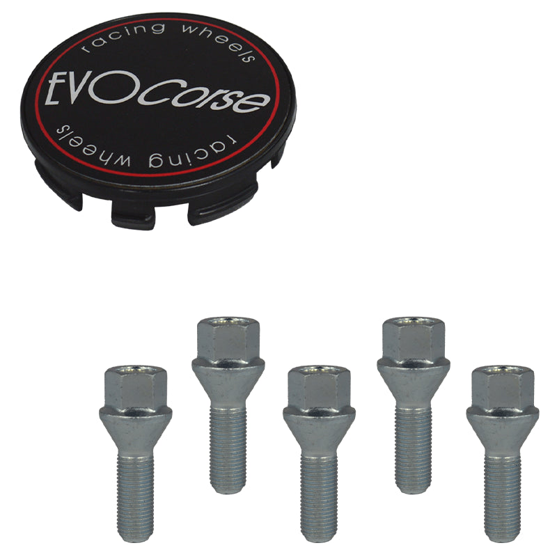 Evocorse - Fixing kit: 1 hubcap (C10), 1 Evocorse matt black badge (L11), 5 lug bolts M14x1.50 (028)