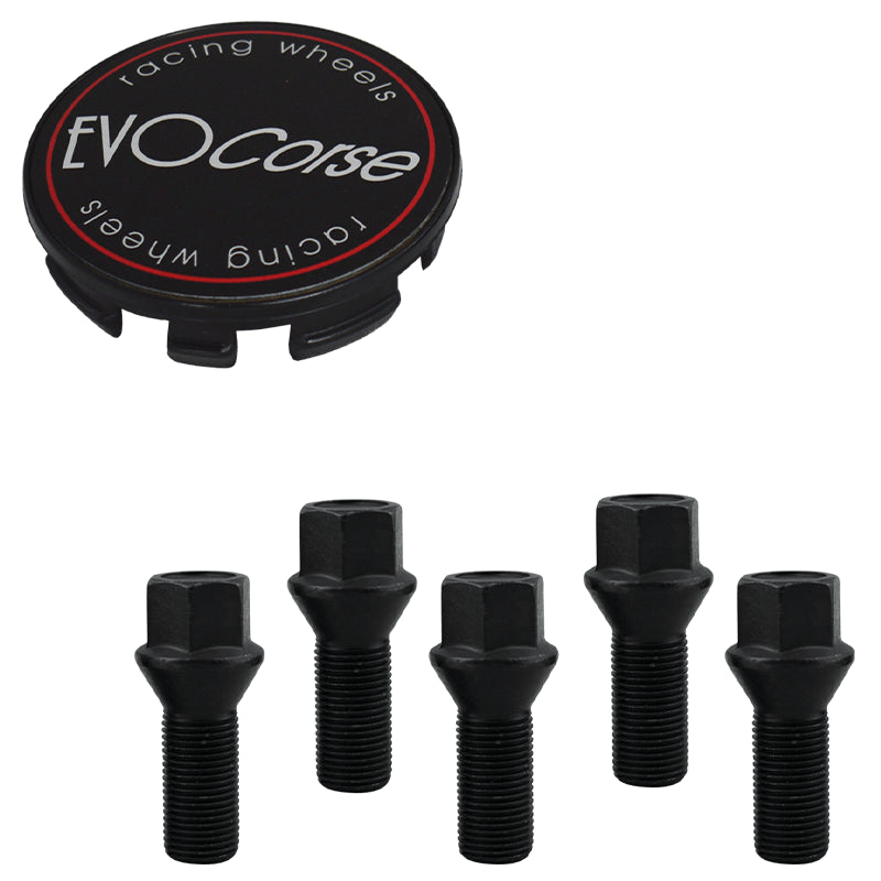Evocorse - Fixing kit: 1 hubcap (C10), 1 Evocorse matt black badge (L11), 5 black lug bolts M14x1.50 (028-ZN)