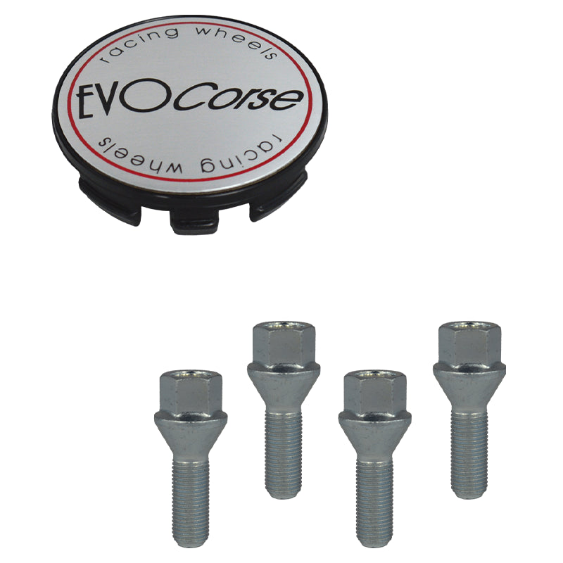 Evocorse - Fixing kit: 1 hubcap (C10), 1 Evocorse brushed badge (L10) 4 lug bolts M12x1.50 (042)