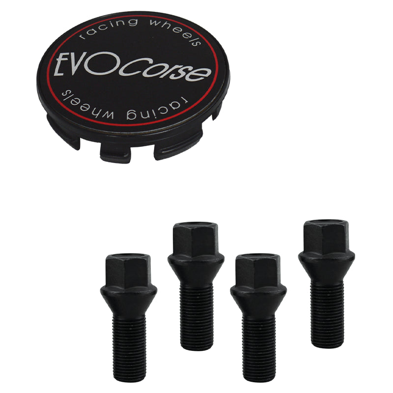 Evocorse - Fixing kit: 1 hubcap (C10), 1 Evocorse matt black badge (L11) 4 black lug bolts M12x1.50 (042)