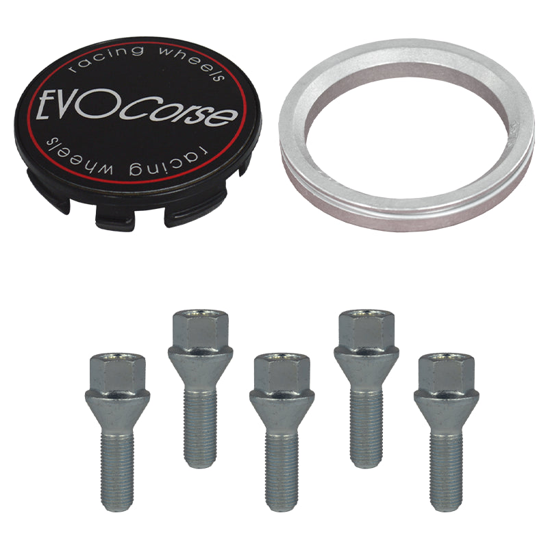 Evocorse - Fixing kit: 1 hubcap (C10), 1 Evocorse matt black badge (L11), 5 lug bolts M12x1.50 (073), 1 aluminum hub centric ring 75/60.1