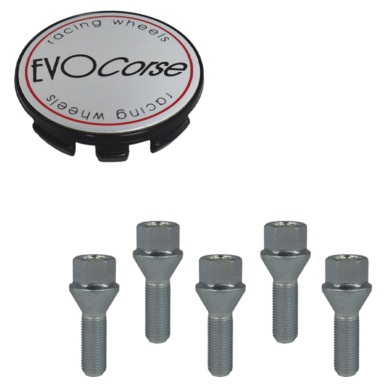 Evocorse - Fixing kit: 1 hubcap (C10), 1 Evocorse brushed badge (L10) 5 lug bolts M12x1.50 (073)