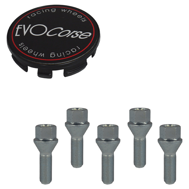 Evocorse - Fixing kit: 1 hubcap (C10), 1 Evocorse matt black badge (L11), 5 lug bolts M12x1.50 (073)