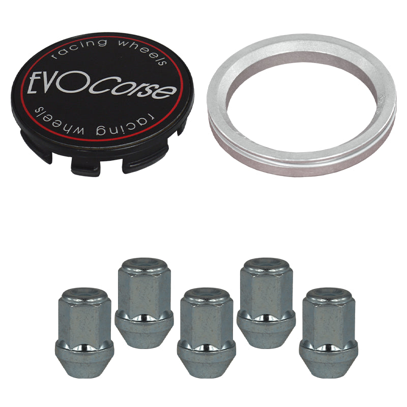 Evocorse - Fixing kit: 1 hubcap (C10), 1 Evocorse matt black badge (L11), 5 closed lug nuts M12x1.5 (031), 1 aluminum hub centric ring 75/54.1