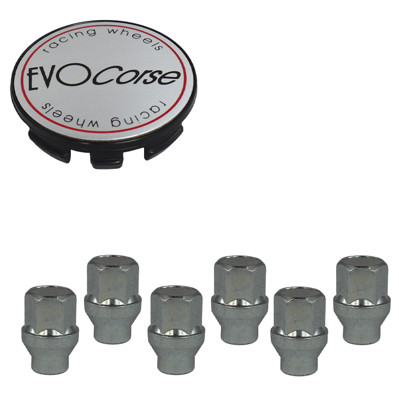 Evocorse - Fixing kit: 1 hubcap (C10), 1 Evocorse brushed badge (L10) 6 closed lug nuts with shank M12x1.25 (047)