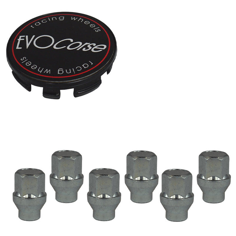 Evocorse - Fixing kit: 1 hubcap (C10), 1 Evocorse matt black badge (L11), 6 closed lug nuts with shank M12x1.25 (047)