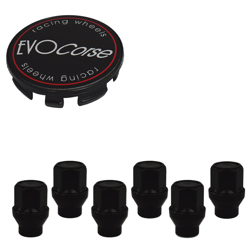 Evocorse - Fixing kit: 1 hubcap (C10), 1 Evocorse matt black badge (L11), 6 black closed lug nuts with shank M12x1.25 (047-ZN)
