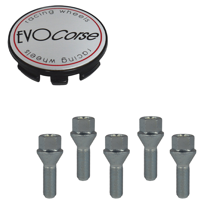 Evocorse - Fixing kit: 1 hubcap (C10), 1 Evocorse brushed badge (L10), 5 lug bolts M12x1.25 (027)