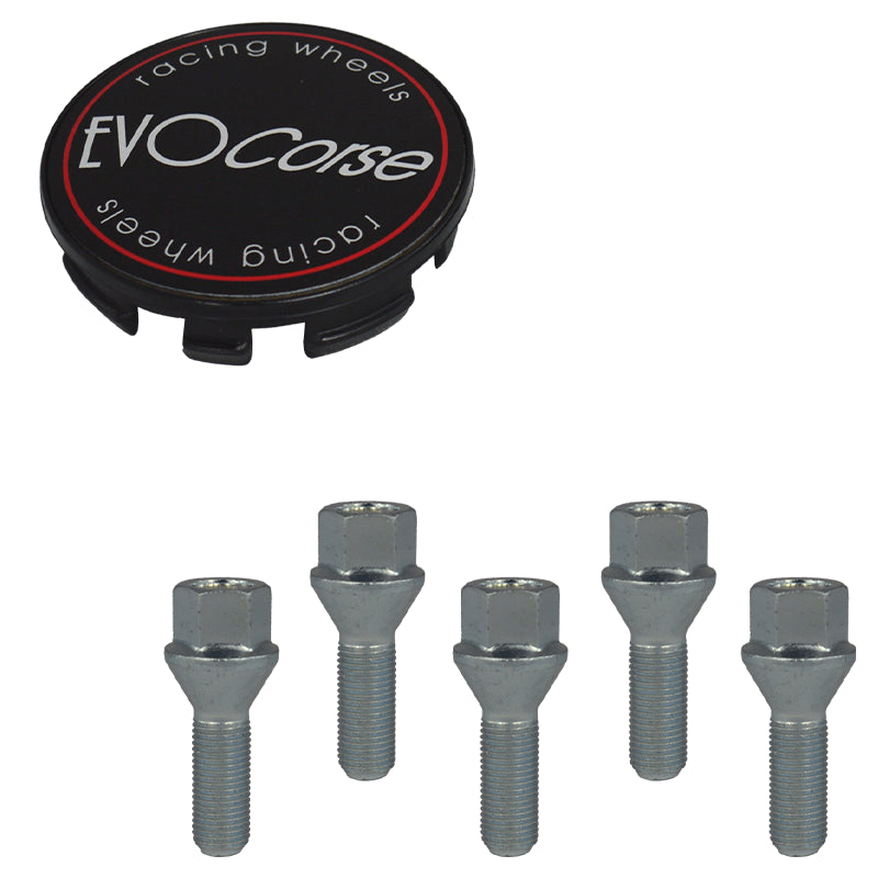 Evocorse - Fixing kit: 1 hubcap (C10), 1 Evocorse matt black badge (L11), 5 lug bolts M12x1.25 (027)