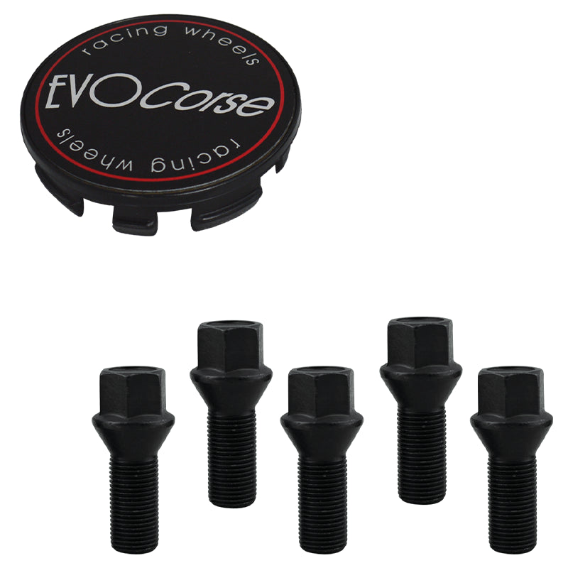 Evocorse - Fixing kit: 1 hubcap (C10), 1 Evocorse matt black badge (L11), 5 black lug bolts M12x1.25 (027-ZN)