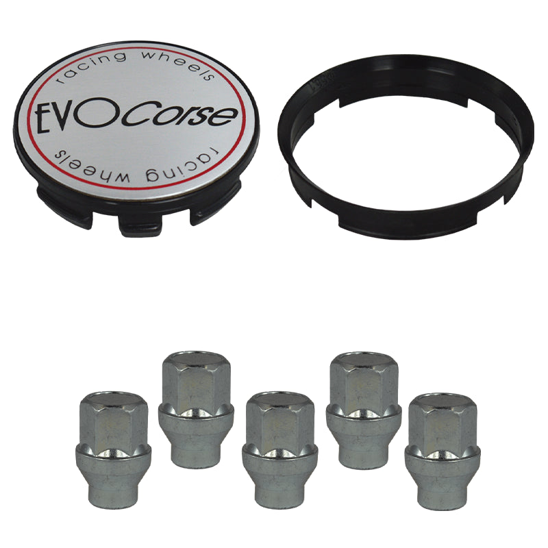 Evocorse - Fixing kit: 1 hubcap (C10), 1 Evocorse brushed badge (L10), 5 closed lug nuts with shank M12x1.25 (047), plastic hub centric ring 67.1/56.1