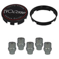 Evocorse - Fixing kit: 1 hubcap (C10), 1 Evocorse matt black badge (L11), 5 closed lug nuts with shank M12x1.25 (047), plastic hub centric ring 67.1/56.1