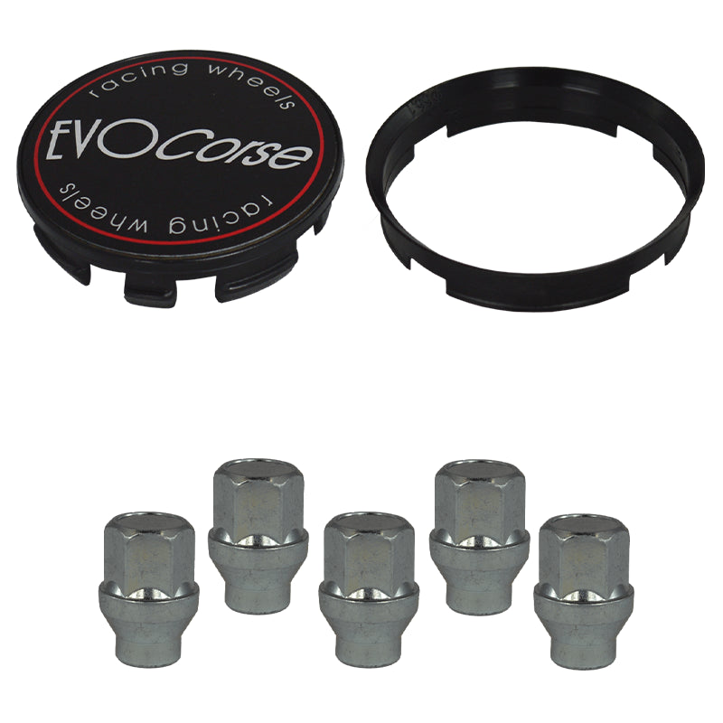Evocorse - Fixing kit: 1 hubcap (C10), 1 Evocorse matt black badge (L11), 5 closed lug nuts with shank M12x1.25 (047), plastic hub centric ring 67.1/56.1