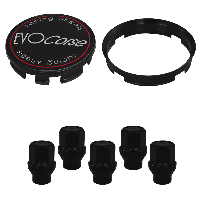 Evocorse - Fixing kit: 1 hubcap (C10), 1 Evocorse matt black badge (L11), 5 black closed lug nuts with shank M12x1.25 (047-ZN), plastic hub centric ring 67.1/56.1